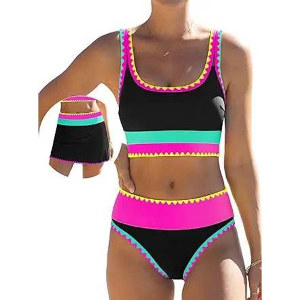 Popvil Womens 3 Piece Bikini Swim Skirt Set Black Pink Colorblock Ric Rac Size S